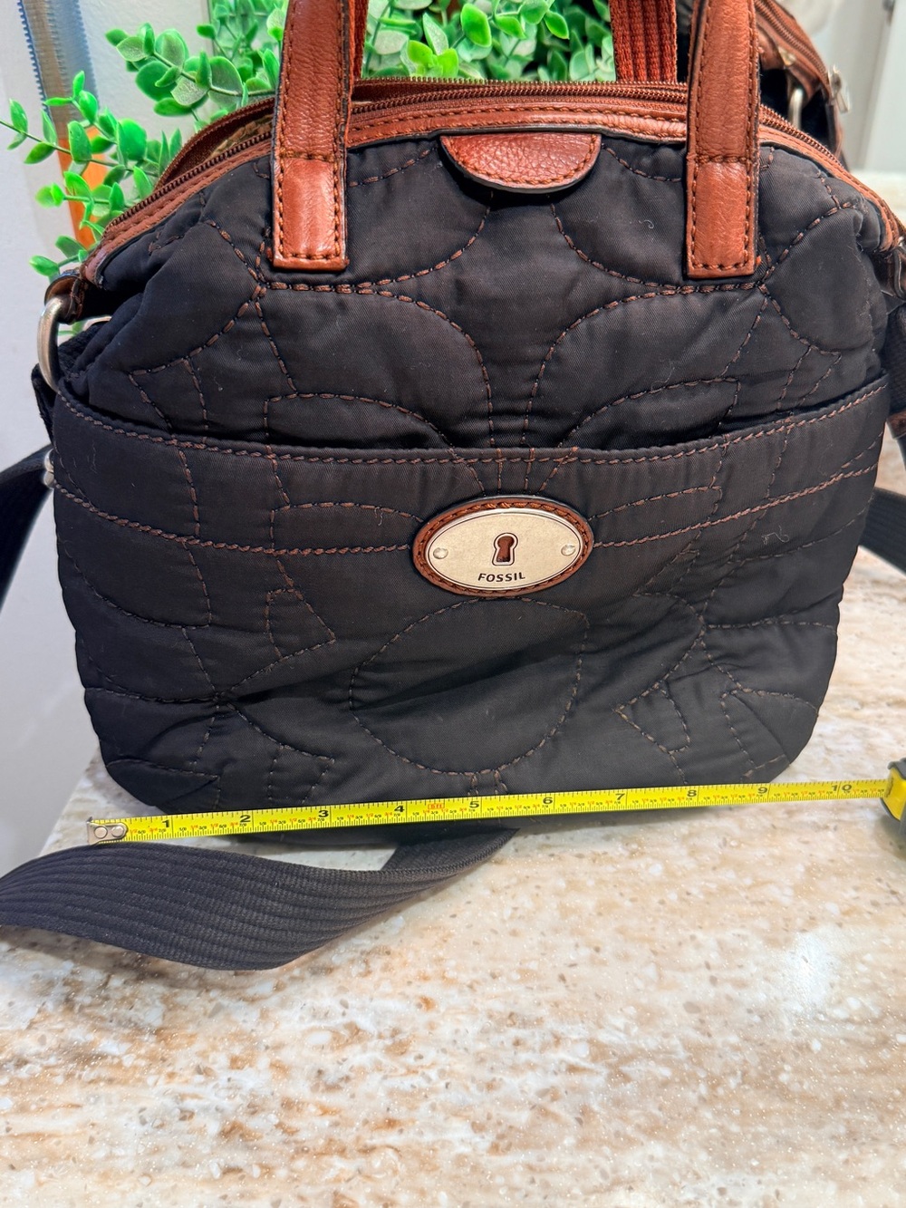 Fossil Black Quilted Nylon Satchel with Brown Leather Trim